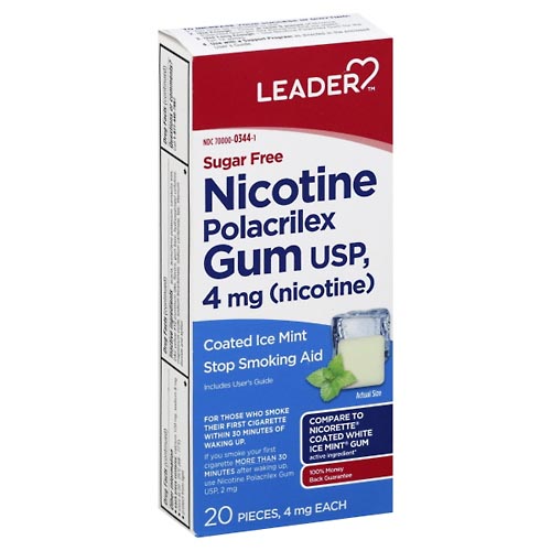 Image for Leader Nicotine Polacrilex Gum, 4 mg, Coated Ice Mint,20ea from RelyCare Pharmacy